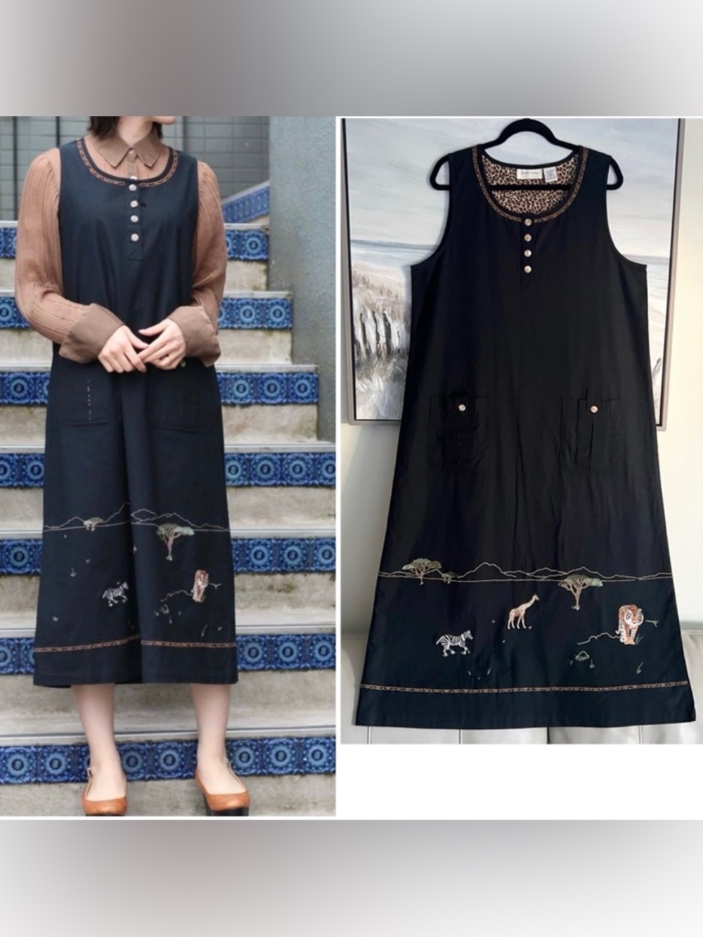 NEW Lemon Grass Cotton Linen Midi Dress L Africa Safari Embroidered Black Boho